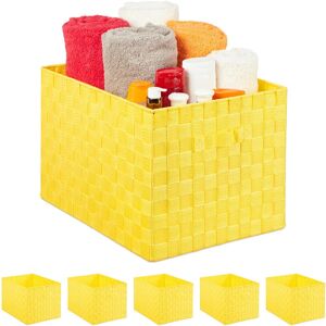 Set of 6 Storage Baskets with Handle, Plastic, Braided Look, HxWxD 26 x 40 x 30 cm, Bathroom, Yellow - Relaxdays