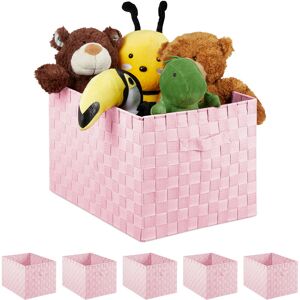 Set of 6 Storage Baskets with Handle, Plastic, Braided Look, HxWxD 26 x 40 x 30 cm, Bathroom, Pink - Relaxdays