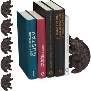 Set of 6 Relaxdays Bookends Hedgehog, Various Designs, For Books, CDs, DVDs, Cast Iron, Robust Stand, Brown