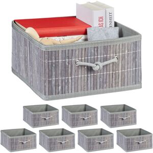 Relaxdays, Bamboo Storage Baskets, Set of 8, HWD: 16.5x32x35 cm, Organiser Box with Handle, each 15 L, Folding, Grey