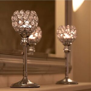 Auraglow Artis Set of Two Silver Pillar Candle Holders with Crystal Detail for Tea Light/Votives, Perfect Centrepiece for Dinner Table, Weddings and Parties