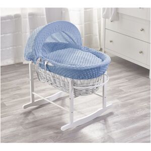 KINDER VALLEY Blue Dimple White Wicker Moses Basket with Rocking Stand White, Quilt, Padded Liner, Body Surround & Adjustable Hood - Blue