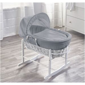 KINDER VALLEY Grey Waffle White Wicker Moses Basket with Rocking Stand White, Quilt, Padded Liner, Body Surround & Adjustable Hood - Grey