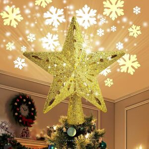 Aougo - Christmas Tree Light Star with Rotating led Snowflake Projector, 2 in 1, Gold Glitter, 5 Points, 24cm, for Christmas Tree Decoration (Golden)