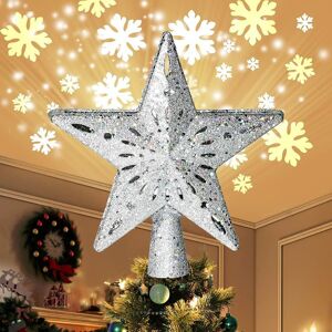 Aougo - Christmas Tree Light Star with Rotating led Snowflake Projector, 2 in 1, Gold Glitter, 5 Points, 24cm, for Christmas Tree Decoration(Silver)