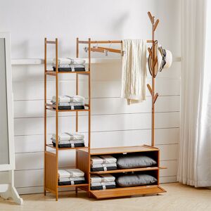 LIVINGANDHOME Freestanding Bamboo Clothes Rack with Storage Shelves,138CM