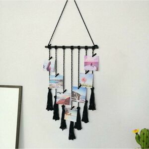 HOOPZI Hanging Photo Display, Handmade Macrame Tassel Hanging Pictures Organizer Boho Home Decor, diy with 25 Wood Clips (Black)