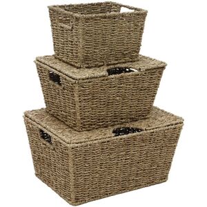 Seagrass Set of 3 Rectangular Lidded Storage Storage Baskets - JVL