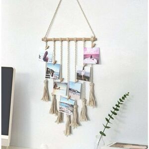 Hanging Photo Display, Handmade Macrame Tassel Hanging Pictures Organizer Boho Home Decor, diy with 25 Wood Clips (Beige) - Langray