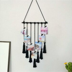 Hanging Photo Display, Handmade Macrame Tassel Hanging Pictures Organizer Boho Home Decor, diy with 25 Wood Clips (Black) - Langray