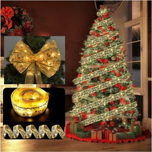 Denuotop - led string light decorative satin ribbon Christmas tree decoration, 5 meters 50 lights, three battery boxes with flash, gold ribbon warm