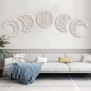 MUMU Nordic wood moon look natural interior design 5 pcs, bohemian bedroom decoration home wall decoration (Wood color)