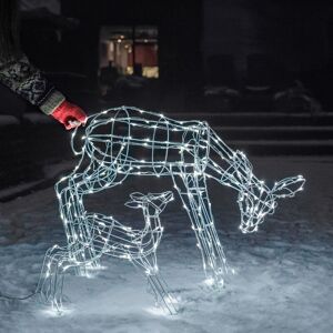 Noma - Outdoor White Wire Framed Doe and Baby Reindeer Figure - White