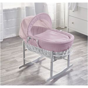 Kinder Valley - Pink Waffle White Wicker Moses Basket with Rocking Stand Grey, Quilt, Padded Liner, Body Surround & Adjustable Hood - Pink