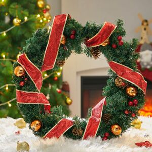 LIVINGANDHOME Red Ribbon Artificial Green Pine Leaves Wreath Hanging Xmas Decor, 60cm Dia