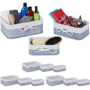 12 Storage Baskets, Bathroom Storage Boxes, 3 Sizes, Bamboo & Polyester, Multipurpose, Stackable, Grey/Creme - Relaxdays