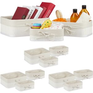 Relaxdays 12 Storage Baskets, Bathroom Storage Boxes, 3 Sizes, Bamboo & Polyester, Multipurpose, Stackable, White/Creme