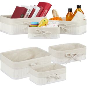 6x Storage Basket, Bathroom Storage Boxes in 3 Sizes, Bamboo & Polyester, Multipurpose, Stackable, White/Creme - Relaxdays