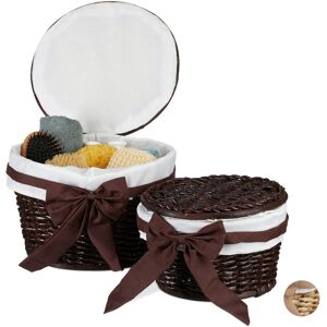 Bathroom Baskets Set of 2, Storage Box Set with Lids, Decorative Buri Wood, Wicker Look, Round, Choco Brown - Relaxdays