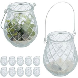 Candle Lanterns, Set of 12, Glass, with Handle, Indoor & Outdoor, Tealight Holders, 10 x 8.5 cm, Clear/Silver - Relaxdays