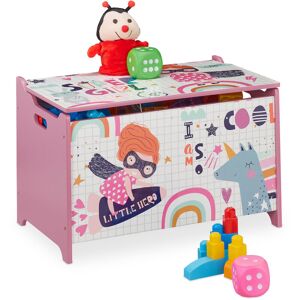 Toy Chest, Little Hero Motif, Storage Box, hwd 39 x 60 x 36.5 cm, Children's Container, Sturdy mdf, White/pink - Relaxdays