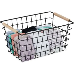 Relaxdays - Wire Basket, Wooden Handles, Square, Lattice Design, Clothes, Accessories, Metal Bin, hwd: 16x31x21 cm, Black