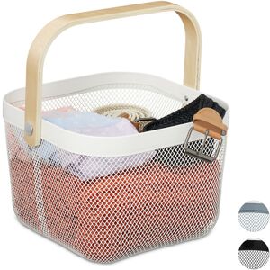 Storage Basket, with Handle, Clothes, Deco, Steel & Wood, Utensil Basket, hbt: 17.5 x 26 x 24.5 cm, White - Relaxdays