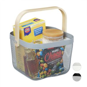 Storage Basket, with Handle, Clothes, Deco, Steel & Wood, Utensil Basket, hbt: 17.5 x 26 x 24.5 cm, Grey - Relaxdays