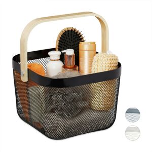 Storage Basket, with Handle, Clothes, Deco, Steel & Wood, Utensil Basket, hbt: 17.5 x 26 x 24.5 cm, Black - Relaxdays