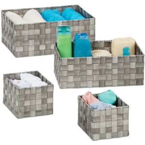 Set of 4 Storage Baskets, Woven, Bathroom & Bedroom Organiser Boxes, Rectangular, 3 Sizes, Plastic, Grey - Relaxdays