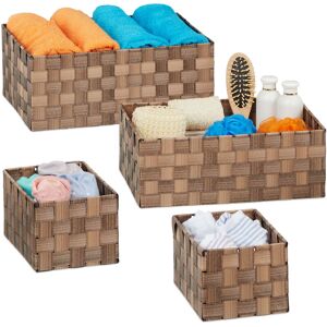 Relaxdays - Set of 4 Storage Baskets, Woven, Bathroom & Bedroom Organiser Boxes, Rectangular, 3 Sizes, Plastic, Brown