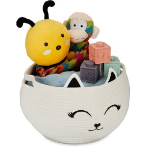 Childrens Storage Basket, Cat Symbol, Toy Box, Laundry, Woven, Cotton, Hamper, Bed, HxW: 24x35 cm, White/Black - Relaxdays