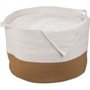 Cotton Storage Basket, Laundry, Boho, Fold Away, Handle, HxD 35x55 cm, Washing, Clean, Toy Box, White/Brown - Relaxdays