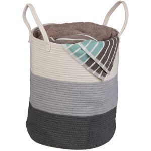 Cotton Storage Basket, Laundry, Boho, Fold Away, Handle, HxD 46x41 cm, Washing, Clean, Toy Box, Grey/White - Relaxdays