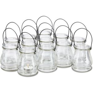 Relaxdays - Tea Candle Holder, Set of 12, Lantern with Handle, Table Ornament for In- & Outdoors, 10 cm High, Transparent