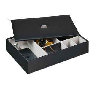 Relaxdays Jewellery Box, Storage with Compartments & Lid, HxWxD: 7 x 32 x 22 cm, Leather Look, Dressing Table, Black