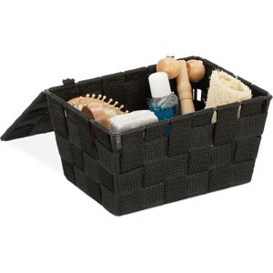 Lidded Storage Basket with Lid, Bathroom Storage, pp, HxWxD: 10.5 x 19.5 x 14.5 cm, Black - Relaxdays