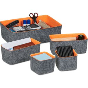 Drawer Organiser made of Felt, 5-Piece Storage Set for Desk in 3 Sizes, Office Utensils Basket, Grey/Orange - Relaxdays