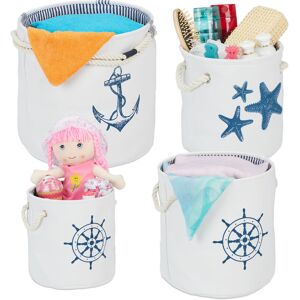 Storage Baskets, Set of 4, Nautical Print, Fabric Organiser with Handles, Bathroom, Toys, 4 Sizes, White/Blur - Relaxdays