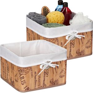 Relaxdays - Set of 2 Storage Baskets, Bamboo & Polyester, 20 x 31 x 31 cm, with Handle Hole, Fabric Lining, Natural/White