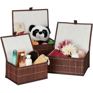 Relaxdays - Set of 3 Bamboo Storage Baskets, Storage Boxes with Lid, Bamboo Container, Decorative Storage, Brown