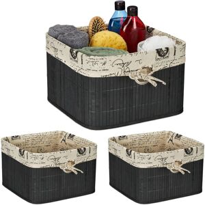 Relaxdays - Set of 3 Storage Baskets, Bamboo & Polyester, 20 x 31 x 31 cm, with Handle Hole, Fabric Lining, Black/Cream