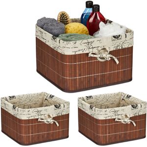 Relaxdays - Set of 3 Storage Baskets, Bamboo & Polyester, 20 x 31 x 31 cm, with Handle Hole, Fabric Lining, Brown/Cream