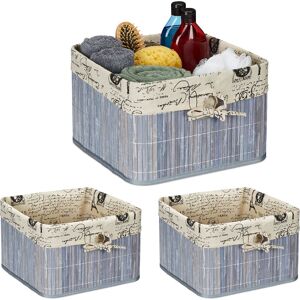 Relaxdays - Set of 3 Storage Baskets, Bamboo & Polyester, 20 x 31 x 31 cm, with Handle Hole, Fabric Lining, Grey/Cream