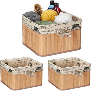 Relaxdays Set of 3 Storage Baskets, Bamboo & Polyester, 20 x 31 x 31 cm, with Handle Hole, Fabric Lining, Natural/Cream