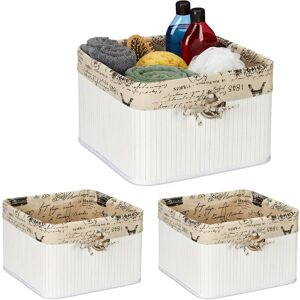 Relaxdays - Set of 3 Storage Baskets, Bamboo & Polyester, 20 x 31 x 31 cm, with Handle Hole, Fabric Lining, White/Cream