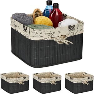 Set of 4 Storage Baskets, Bamboo & Polyester, 20 x 31 x 31 cm, with Handle Hole, Fabric Lining, Black/Cream - Relaxdays