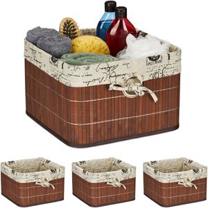Set of 4 Storage Baskets, Bamboo & Polyester, 20 x 31 x 31 cm, with Handle Hole, Fabric Lining, Brown/Cream - Relaxdays