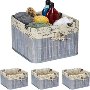 Set of 4 Storage Baskets, Bamboo & Polyester, 20 x 31 x 31 cm, with Handle Hole, Fabric Lining, Grey/Cream - Relaxdays