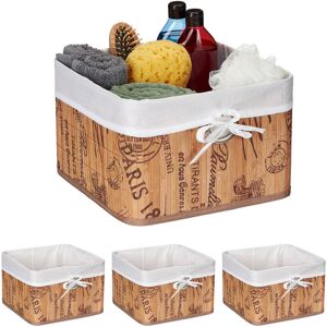 Set of 4 Storage Baskets, Bamboo & Polyester, 20 x 31 x 31 cm, with Handle Hole, Fabric Lining, Natural/White - Relaxdays